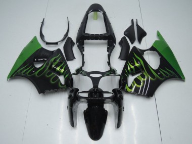 Black with Green Flame 2000-2002 Kawasaki Ninja ZX6R Fairings